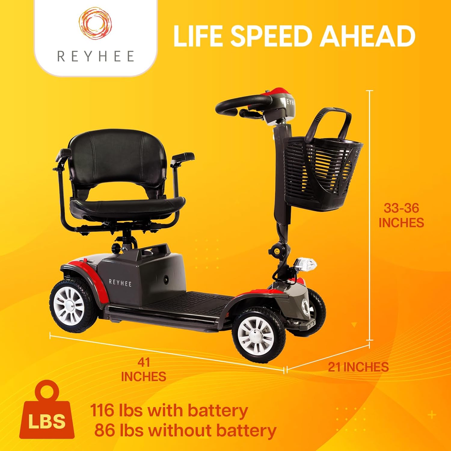 Reyhee Cruiser Powered Mobility Scooters - 24V, 180W 4 Wheel Mobility Scooters for Adults & Seniors