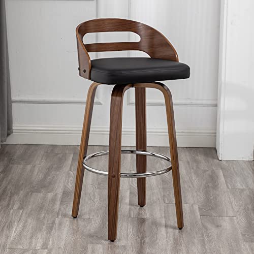 Bar Stools Set of 2, Swivel Bar Height Stools with Low Back, Wood Bar Chairs with Soft Cushion Seat, 24.6-Inch Seat Height (Black-1, 26" Counter Height)