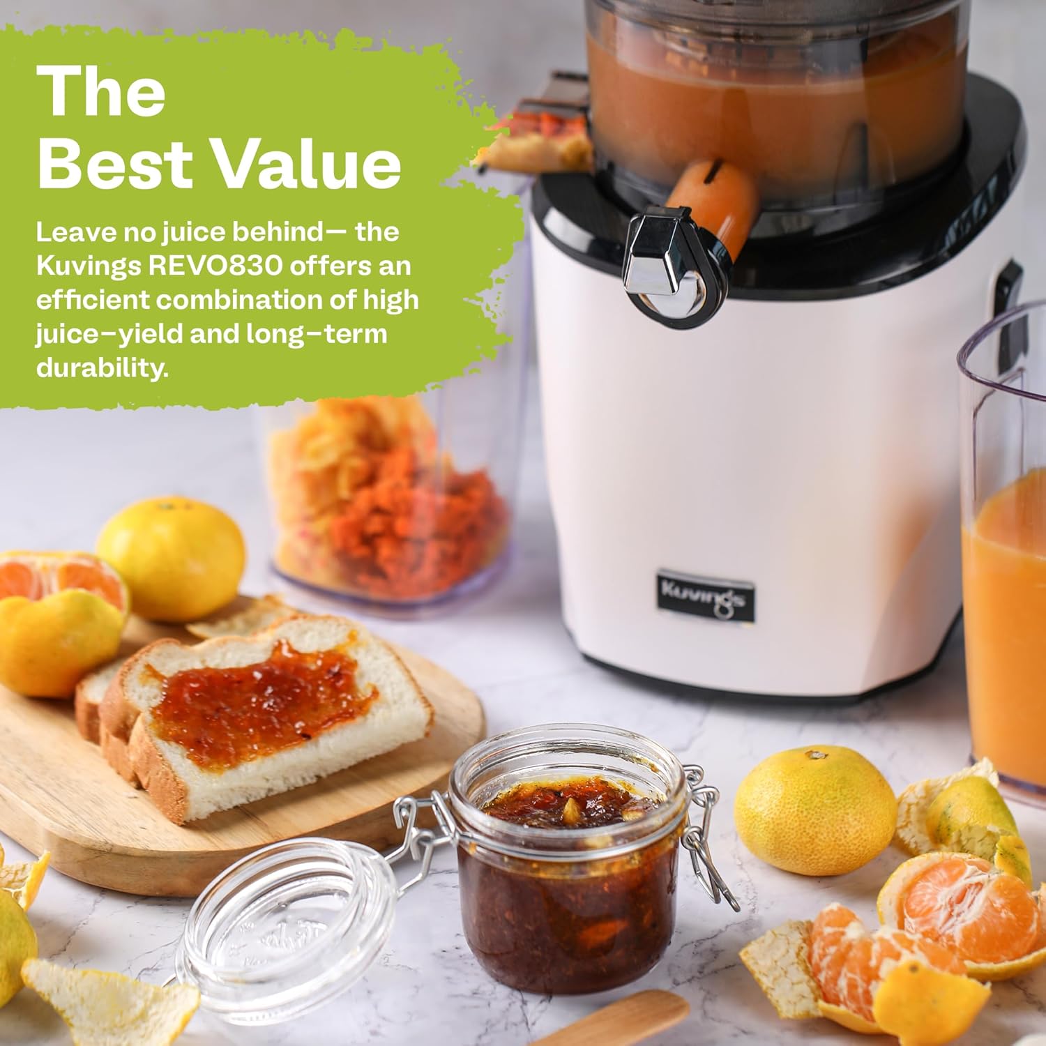 Kuvings Whole Slow Juicer REVO830W Cold Press Masticating Juicer Machine | Extra Wide 88mm & 48mm Food Chutes | Quiet Strong Motor Auto-Cut Fruits & Veggies | Smoothie Sorbet Attachment | White
