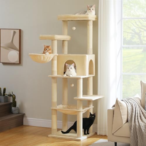 PAWZ Road Large Cat Tree, 73 Inches Tall Wooden Cat Tower with 2 Spacious Hammocks,2 Big Top Beds,8 Fully Scratching Posts and Natural Wood Posts, Multi Cat Tree for Indoor Cats Large Adult-XL