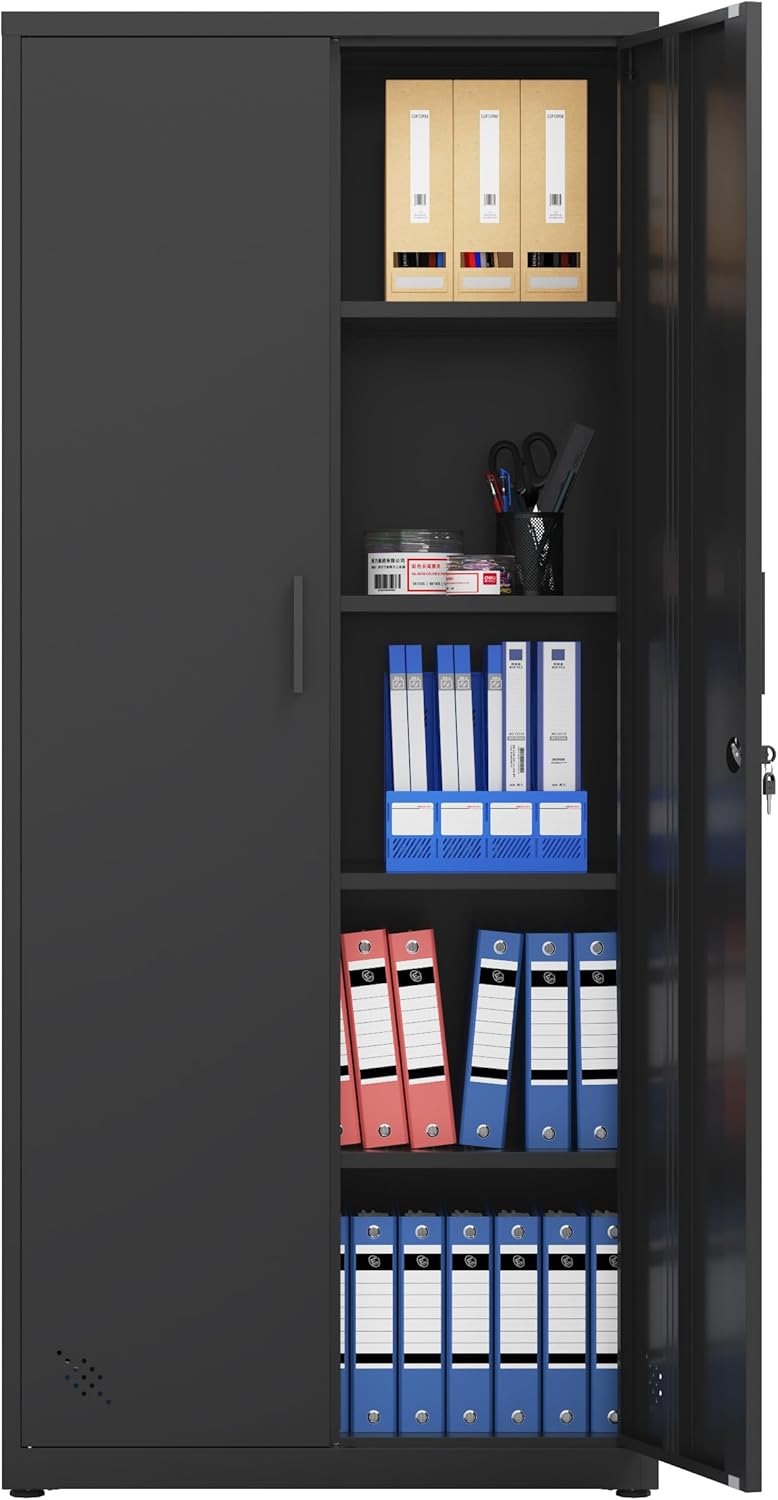Metal Garage Storage Cabinet, Tall Locking Steel Storage Cabinet with 2 Doors and 4 Adjustable Shelves,Lockable Storage Cabinet for Home, Office, Warehouse（Black）