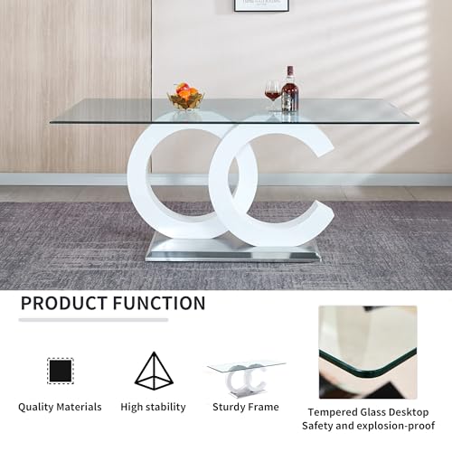 70 inch Glass Dining Table for 8, Modern Clear Tempered Glass Dining Room Table with Golden Stainless Steel Pedestal, Large Rectangular Glass Kitchen Table for Dining Room Dinner Office