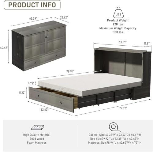 Murphy Bed Queen Cabinet, Pine Wood Murphy Bed,Queen Cabinet Bed with Mattress,Storage Drawer, USB Charging Station,14pcs Auxiliary Wheels for Living Room Apartment (Grey for Queen Size)