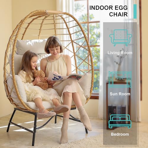 SWITTE Wicker Egg Chair Outdoor Indoor, Oversized Rattan Patio Lounge Chairs with Cushion for Backyard, Living Room, Steel Frame, 480lb Capacity-Cream