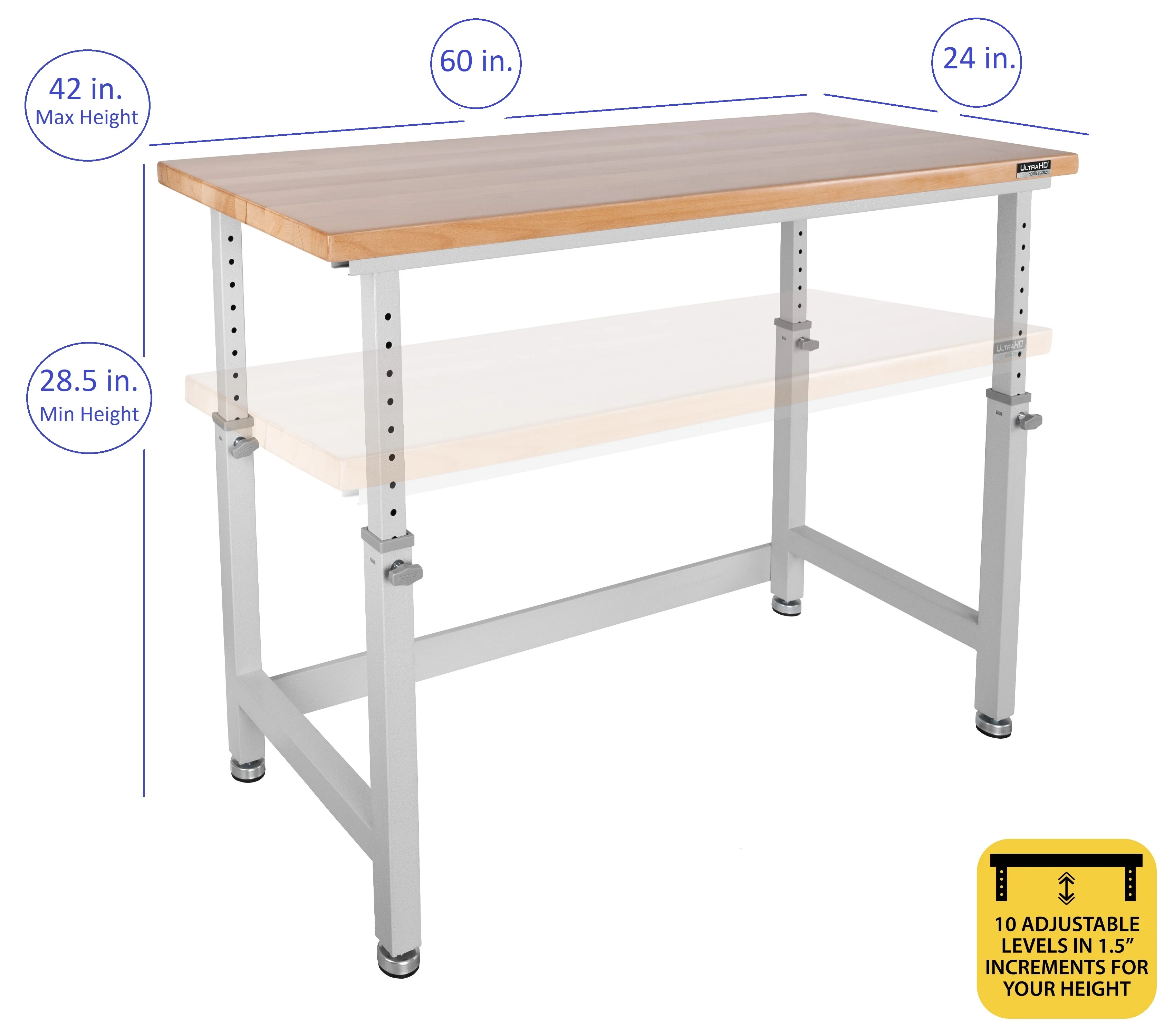 Seville Classics UltraHD Heavy Duty Workbench Table w/ Solid Wood Top, 1000 lbs. Weight Capacity Workstation for Garage, Warehouse, Workshop, Granite, 60" W x 24" D x 28.5" to 42" H Desktop