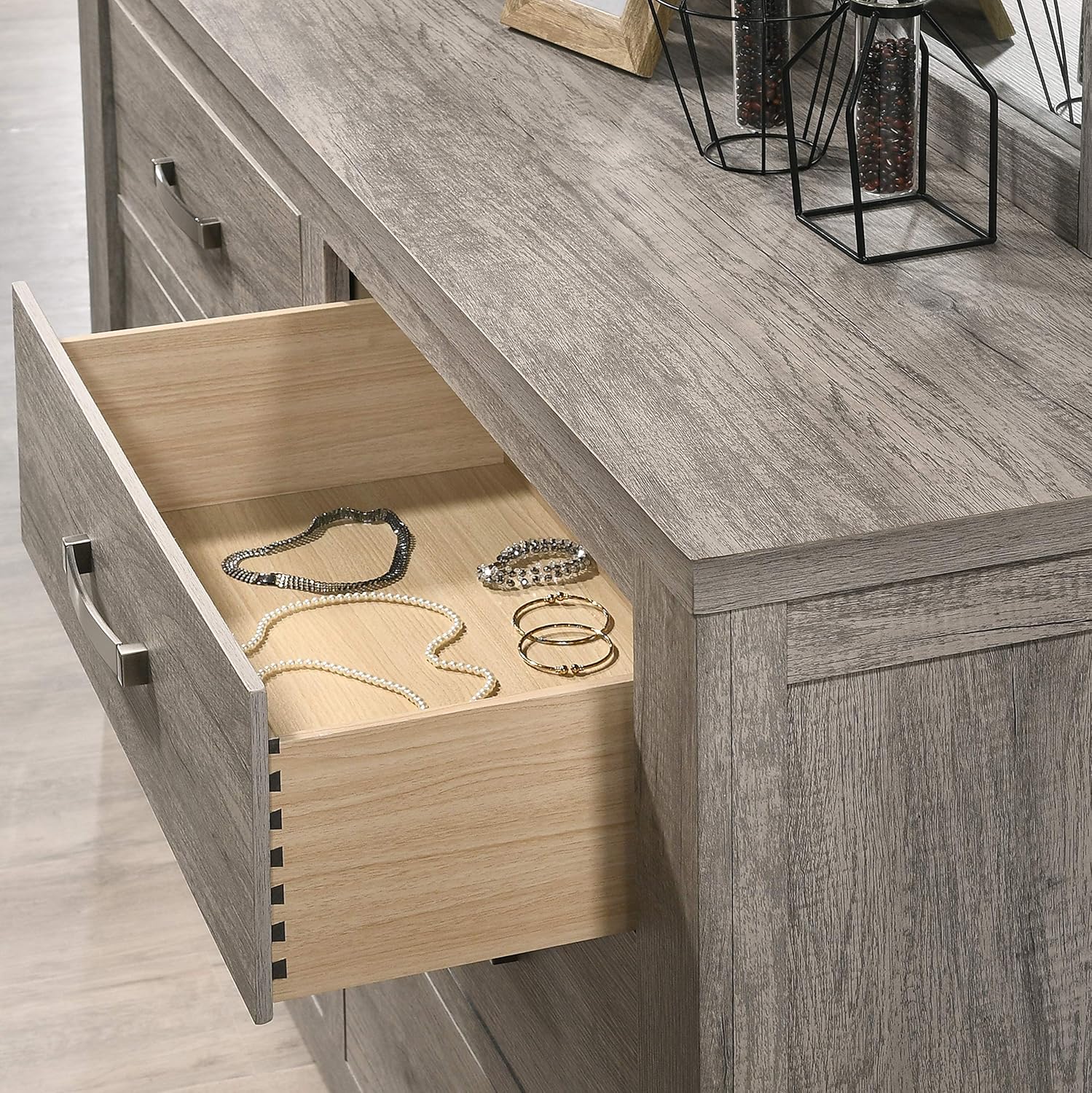Roundhill Furniture Floren Contemporary Weathered Gray Wood Bedroom Set, Queen Panel Bed, Dresser, Mirror, Nightstand, Chest