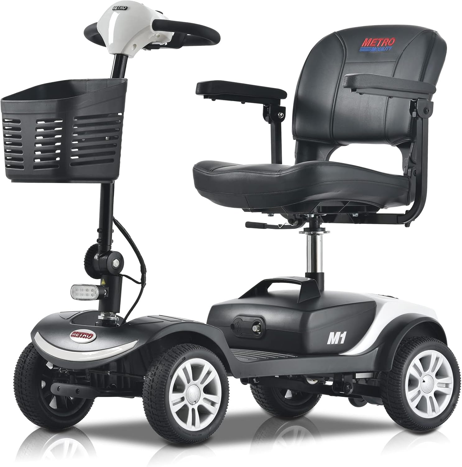 Metro Mobility Compact Travel Electric Powered Mobility Scooter for Adults and Seniors - 300 lbs Max Weight, Foldable, Lightweight, 4 Wheel, Thick Leather Seat, Large Capacity Lead-Acid Battery-Yellow