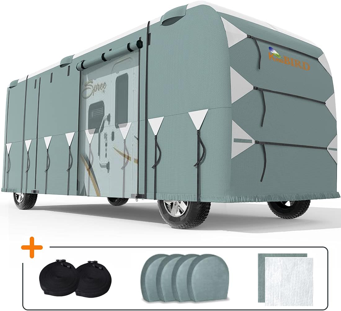 KING BIRD Upgraded Class A RV Cover, Extra-Thick 5 Layers Anti-UV Top Panel, Durable Camper Cover, Fits 30'- 33' Motorhome -Breathable, Watertight, Rip-Stop with 2Pcs Extra Straps & 4 Tire Covers