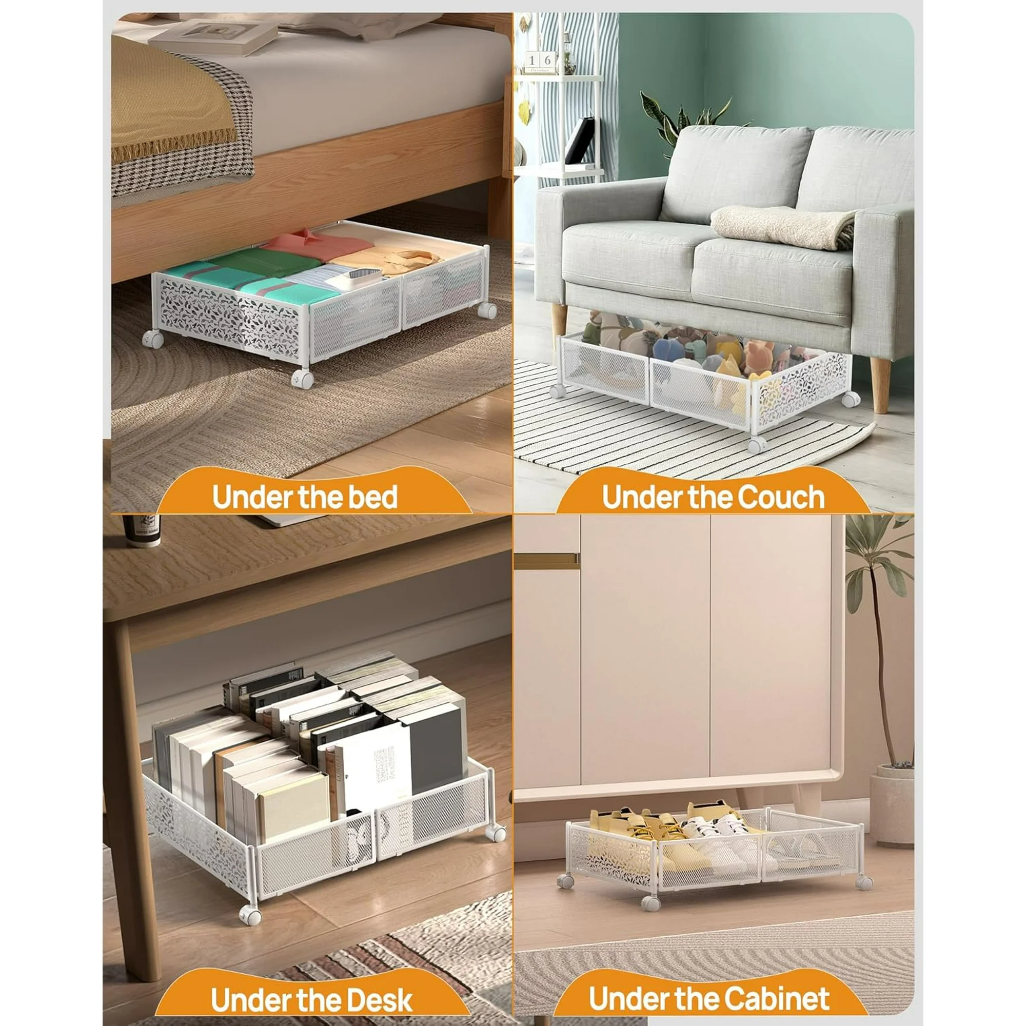 Under Bed Storage with Wheels, 2 Pack Foldable Metal Under Bed Storage Containers, 60L Rolling Underbed Storage, Easy Assembly Under The Bed Storage for Bedroom Clothes Shoes Blankets