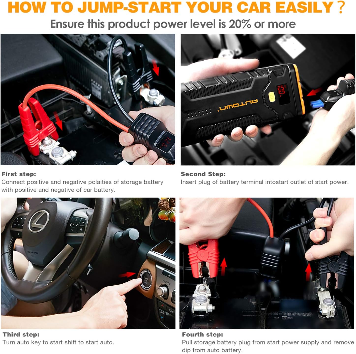 Jump Starter, AUTOWN 1000A Peak 21000mAh Car Battery Charger with Quick Charge 3.0, 12V Auto Battery Booster Portable Power Pack with Built-in LED Light