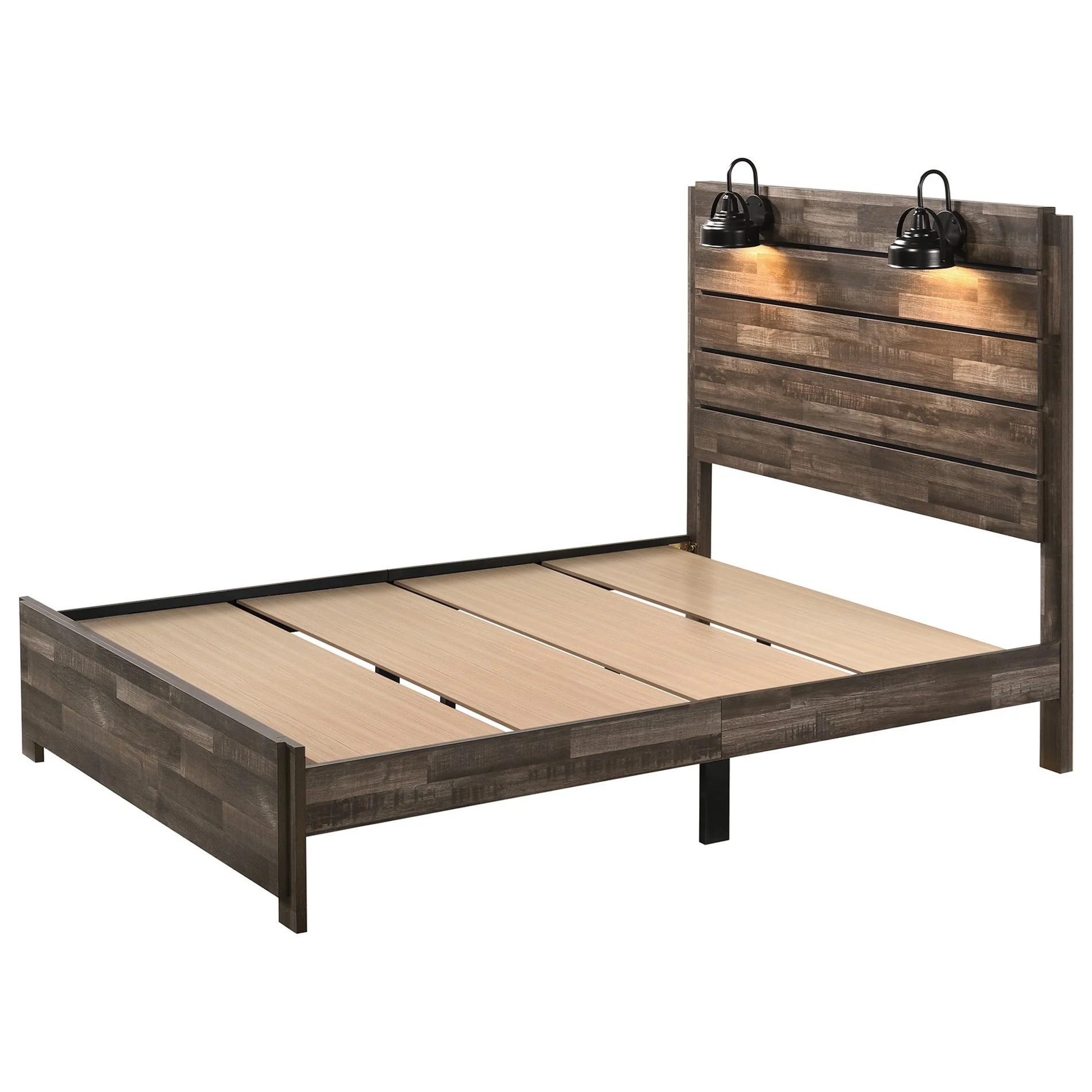 Contemporary Rustic Brown Finish King Size 3Pc Panel Built in Lighting Headboard Bed and Nightstand Set Wooden Bedroom Furniture