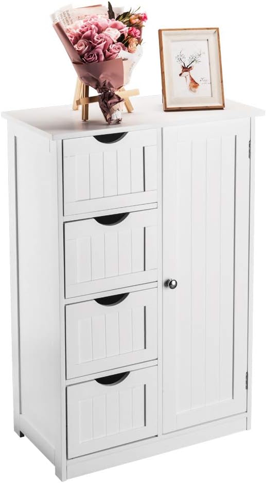 Bathroom Floor Cabinet storage unit with 4 Dawers and Single Door Cabinet, Entryway Storage Cabinet, Freestanding Storage Cabinet for Living Room Kitchen Hallway, White 21.7"L x 11.8"W x 31.9"H
