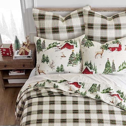 Levtex Home - Tatum Pines Quilt Set - King/Cal King Holiday Quilt 106x92 and Two King Pillow Shams 20x36 - Christmas Cabin - Red, Green, Brown and White - Reversible - Cotton