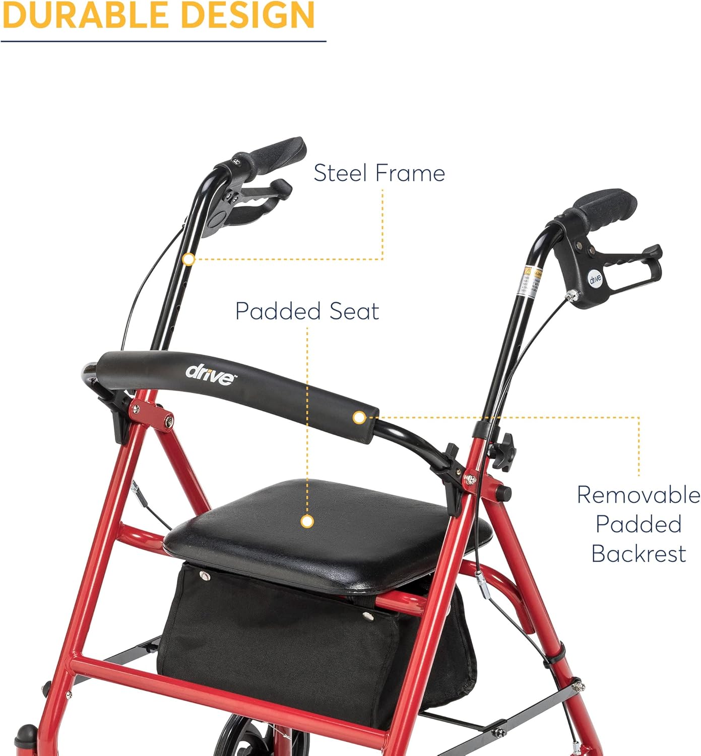 Drive Medical 10257RD-1 4 Wheel Rollator Walker with Seat, Steel Rolling Walker, Height Adjustable & 11148-1 Folding Steel Bedside Commode Chair, Portable Toilet