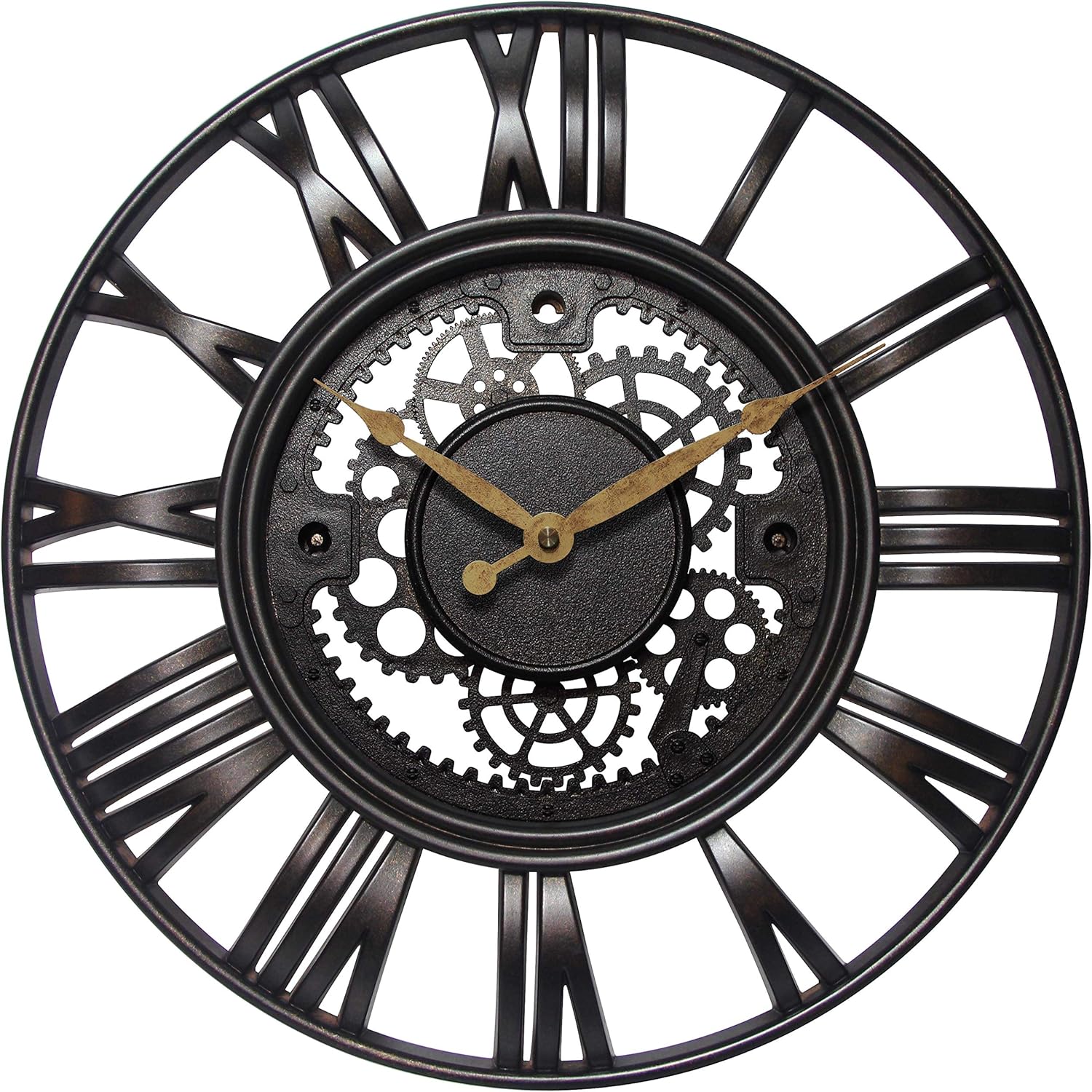 Roman Gear 15 inch Decorative Steampunk Industrial Exposed Gear Living Room Wall Clock Home Decor Designer Battery Operated (Black)