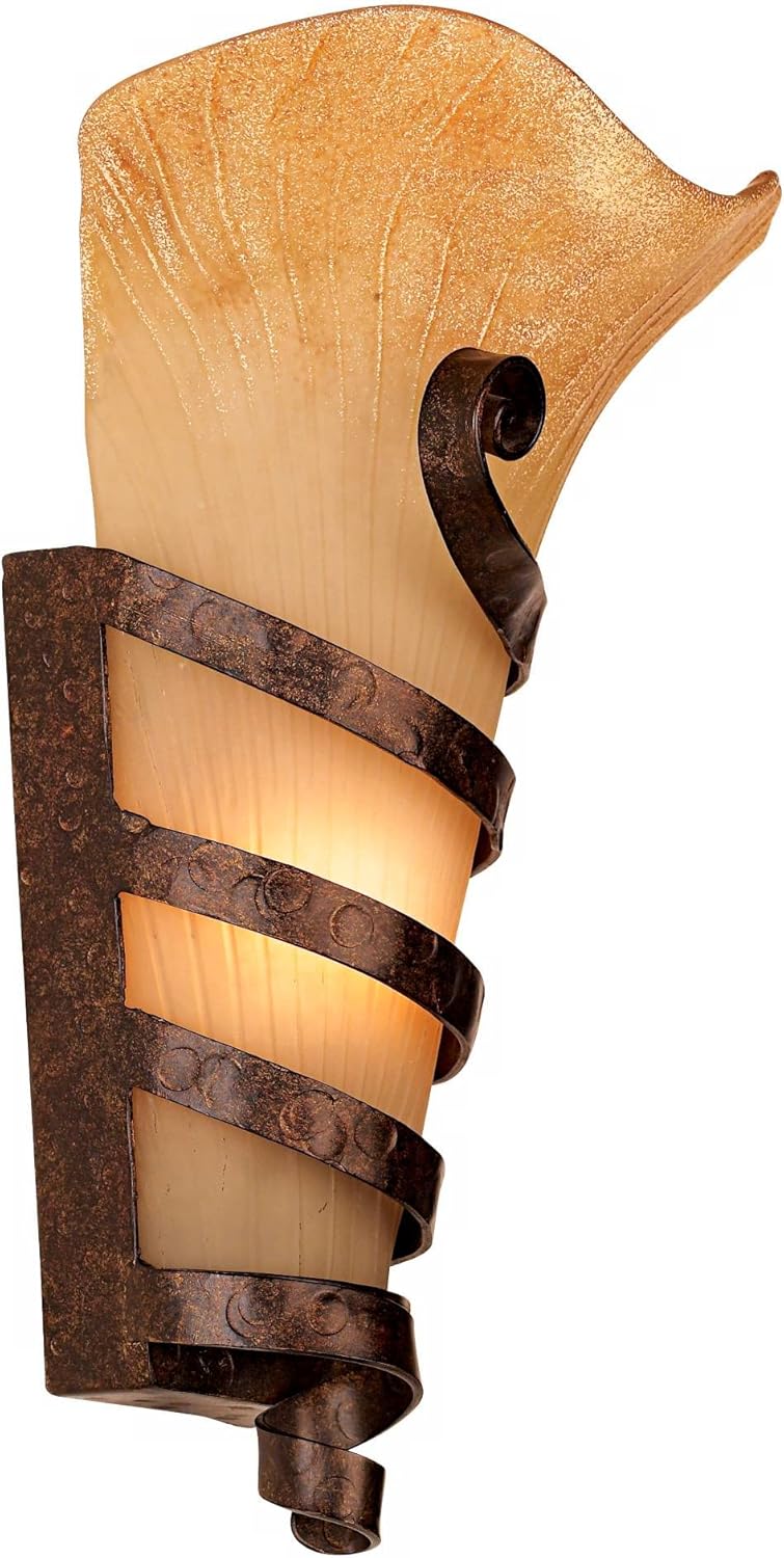 Franklin Iron Works Solara Farmhouse Rustic Wall Light Sconces Set of 2 Rust Hardwired 10" Fixture Iron Ribbon Scavo Art Glass for Bedroom Bedside Bathroom Vanity Living Room Hallway Dining House