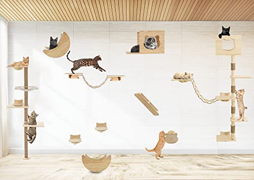 Cat Tree House with Hammock Wall Mount Cat Shelf Climbing Tall Activity Tower Solid Wood Indoor Cat Wall Furniture 75 Inch