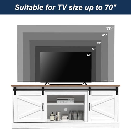Farmhouse TV Stand with Fireplace for 70" TV, Sliding Barn Door Entertainment Center w/24 Electric Fireplace with Remote Control, TV Cabinet Storage Shelves for Living Room, White