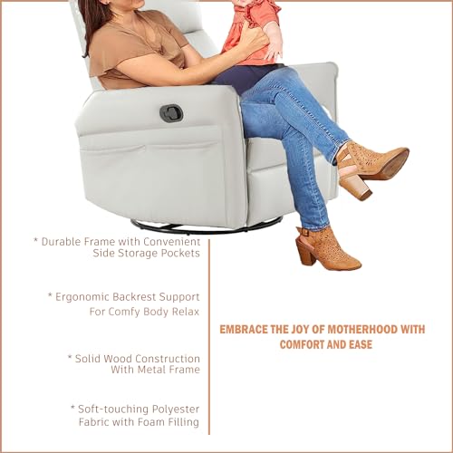 Swivel Rocker Recliner, Leather Rocker Recliner with 360 Degree Swivel & Reclining Function, Glider Recliner Nursery Chair with Adjustable Footrest and Pocket, Recliners for Small Spaces