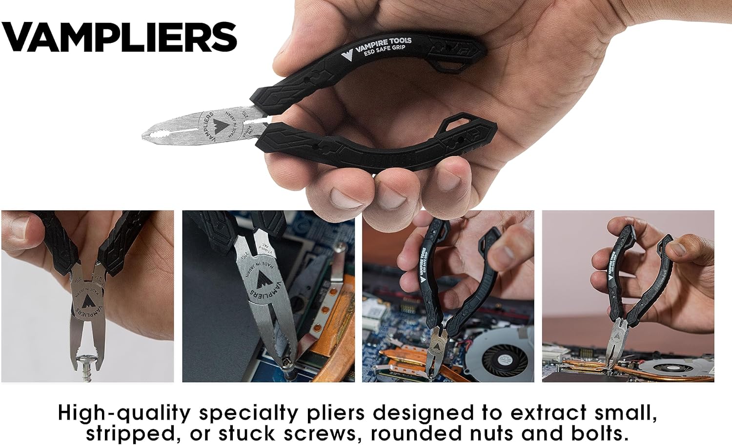 VAMPLIERS 4-Piece Screw Extractor Pliers Tool Set. High Carbon Steel. Made in Japan: 8" Linesman Combination Pliers, 7" Slip-Joint, 6.25" Multipurpose Pliers & 5" ESD Safe Grip Pliers + Tool Pouch.