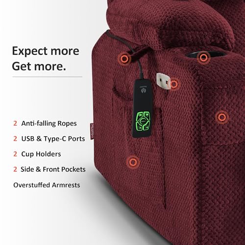 MCombo Dual Motor Power Lift Recliner Chair with Massage and Heat for Elderly People, Infinite Position, USB Ports, Cup Holders, Fabric 7890 (Medium-Regular, Burgundy)