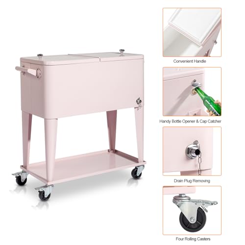 Bueuwe 80 Quart Rolling Ice Chest on Wheels, Portable Patio Party Bar Drink Cooler Cart with Shelf, Beverage Pool with Bottle Opener,Water Pipe,for Party Cookouts Backyard BBQ