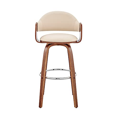 Armen Living Daxton Mid Century Modern Swivel Bar Stool for Kitchen Island Counter in Cream Faux Leather and Walnut Wood, 26" Seat Height