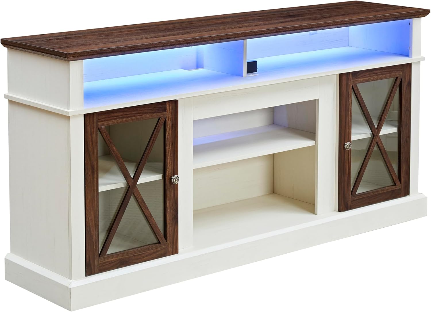 Farmhouse TV Stand with Outlet & LED Lights for TVs Up to 70", Tall Entertainment Center w/Glass Barn Door, Media TV Console w/Adjustable Storage Shelves for Living Room/Bedroom, White
