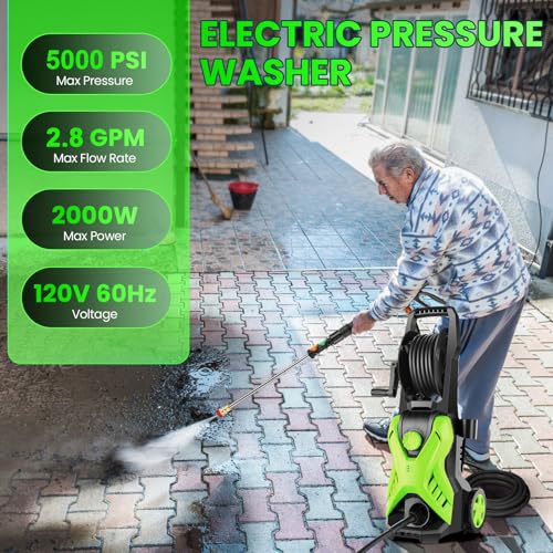 5000 PSI Adjustable Pressure Washer 2.8GPM Electric Power Washer with 33ft Pressure hose, 4 Nozzle and Foam Cannon, Powerwashers for home, Cars, Pressure Setting Range (2500PSI-4500PSI)Green