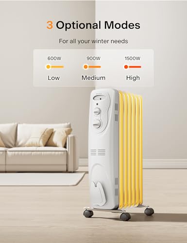 PELONIS Oil Filled Radiator Heater for indoor use Large Room Safe with Thermostat, 1500W Energy Efficient Quiet Space Heater, 3 Heat Settings, Overheat & Tip-Over, Black