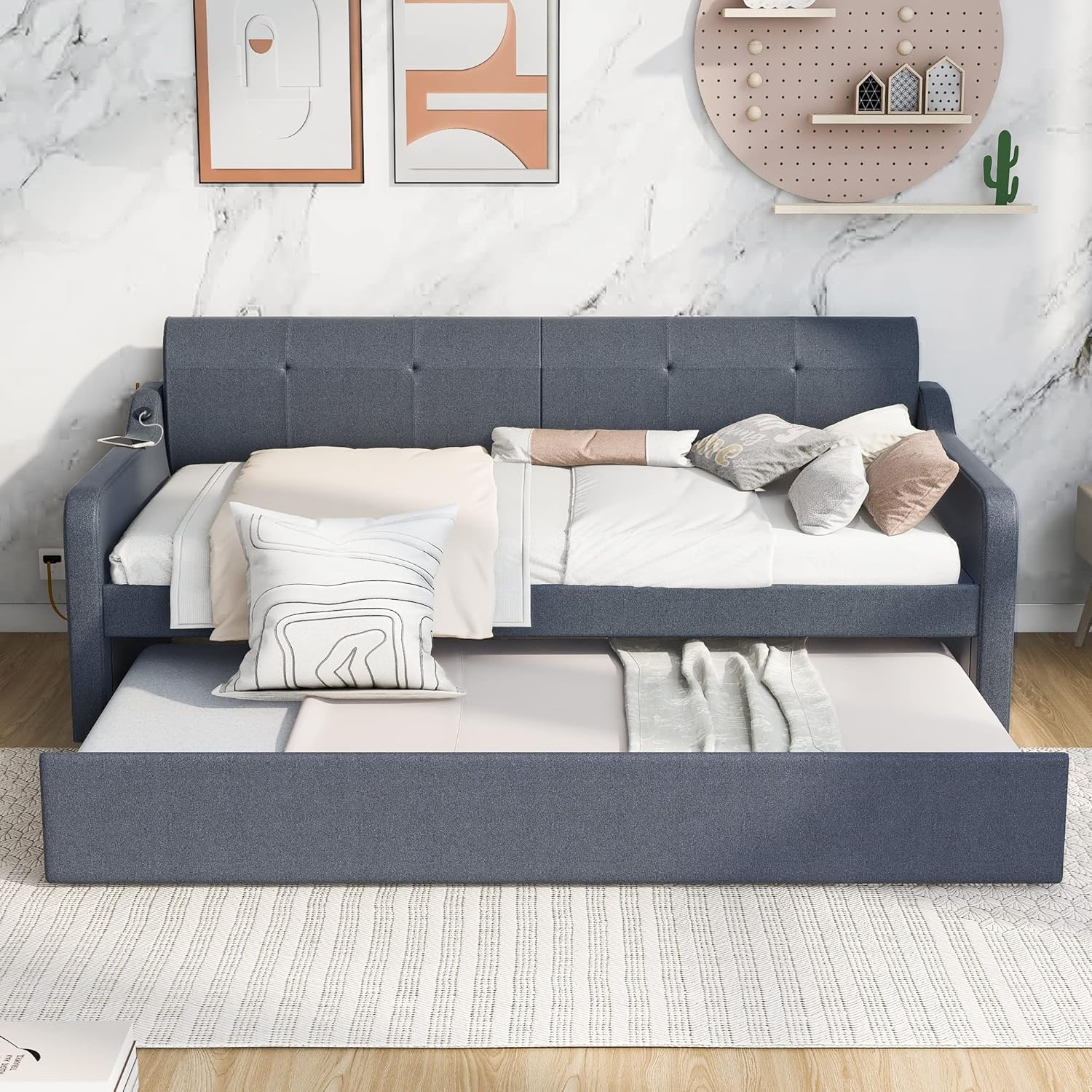 MERITLINE Upholstery Daybed with Trundle and USB Charging, Twin to King Extendable Sofa Bed Frame, Daybed with Trundle Bed can be Flat or Erected, 2 Twin Beds for Bedroom Living Room (Grey)