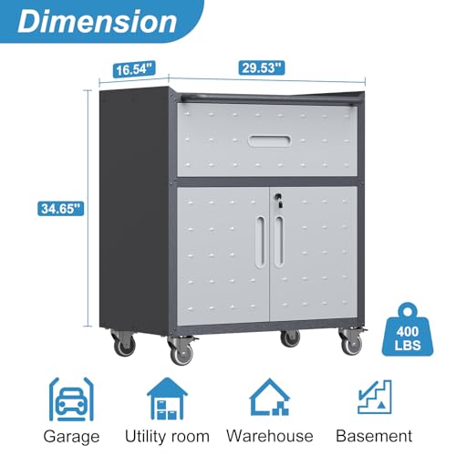 Garage Storage Cabinet Wall Cabinet with 2 Doors,Lockable Tool Cabinets Wall Mounted with Adjustale Shelves,Heavy Duty Steel Hanging Cabinets for Warehouse Kitchen Laundry,Assembly Required