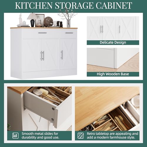 Shintenchi Modern Farmhouse Sideboard Buffet Cabinet with Storage with 3 Doors,42" Barn Doors Buffet Cabinet with Storage, Wood Coffee Bar Cabinet with Adjustable Shelf for Kitchen Living Room,White