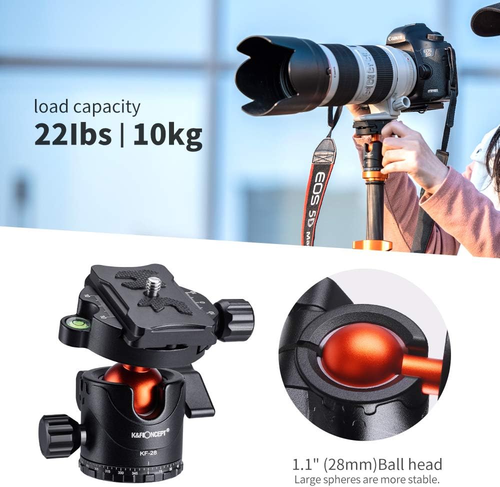 K&F Concept 68" Carbon Fiber Camera Tripod,Compact Tripods with Metal Ball Head,Quick Release Plate,Detachable Monopod 10KG Load for DSLR (SA255C1) D255C4+BH-28L 2-in-1 Quick Release Plate Kits