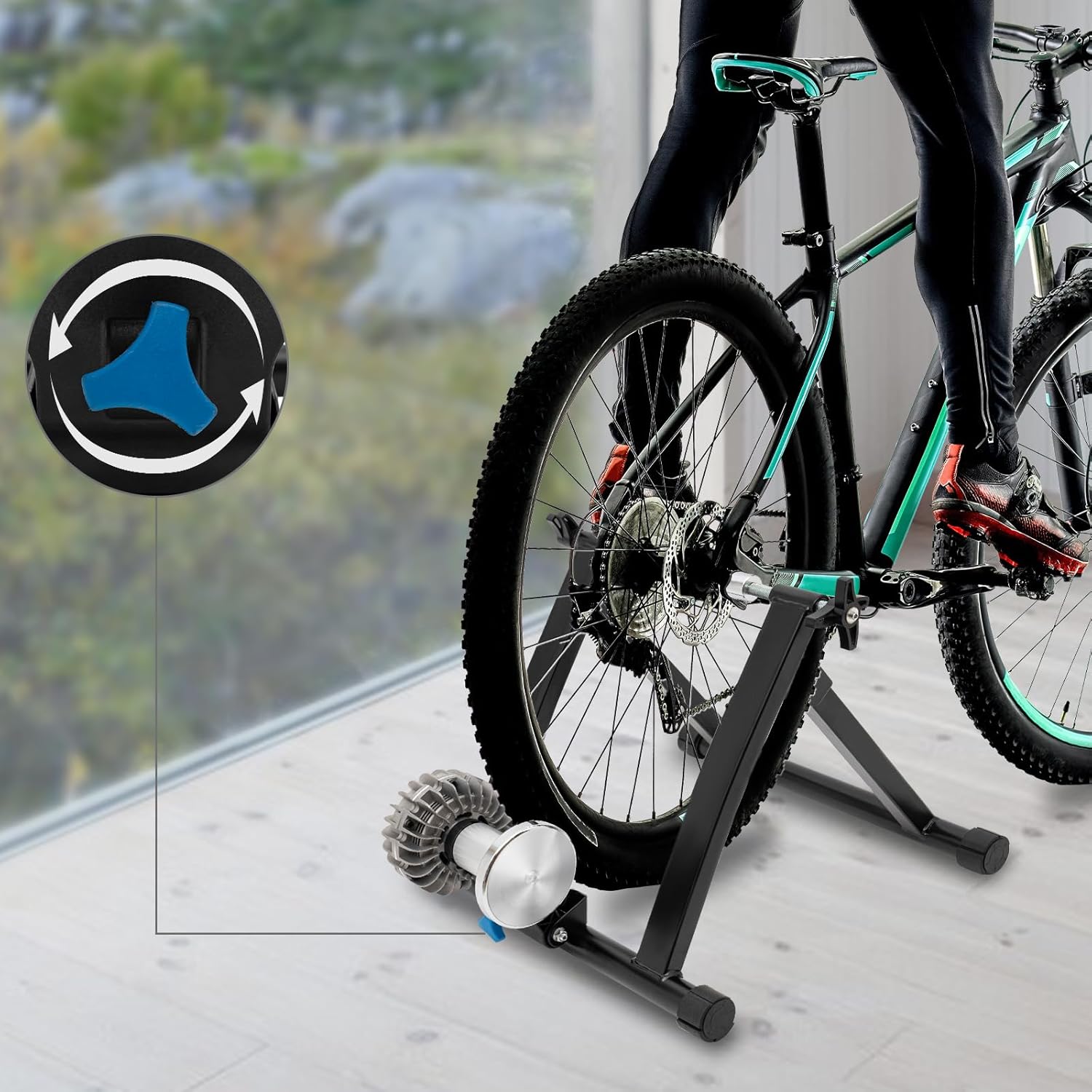 Indoor Bike Trainer Stand Magnetic Stationary Bike Stand for 26-29" & 700C Wheels Portable Indoor Bike Trainer for Indoor Riding with Quick Release Lever & Front Wheel Riser Block