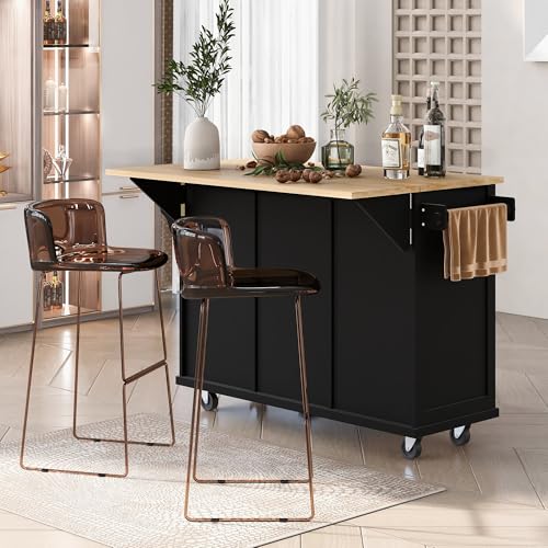53.5Inch Kitchen Island with Power Outlet, Storage Cabinets Trolley with Drop Leaf, Spice Rack and Drawer, Rolling Kitchen Cart on Wheels, for Farmhouse and Dining Room, Black