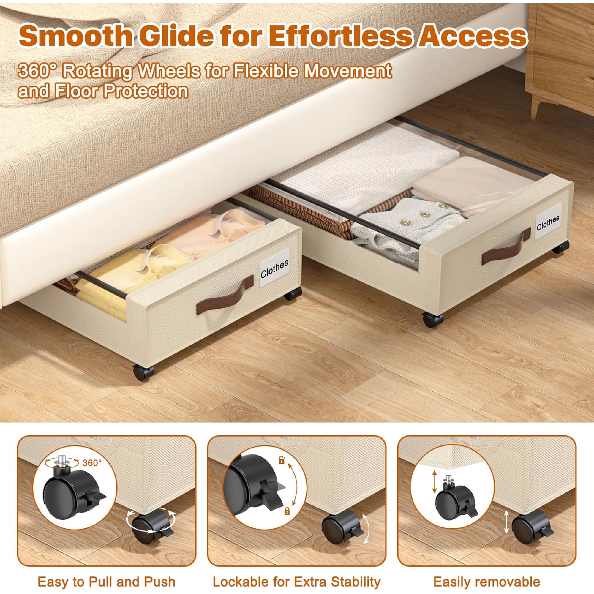 Under Bed Storage with Wheels, 4 Pack Under Bed Storage Containers with Clear Lids, XXL 60L Under-Bed Organizers for Clothes, Shoes – Durable Storage Bins with Smooth Rolling Wheels (White, 4 Pack)