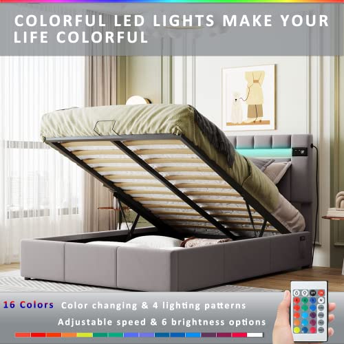 Lift Up Storage Bed Queen, Upholstered Queen Bed Frame with LED Light, Bluetooth Player and USB Charging,Velvet Fabric Platform Bed Frame for Teens Adults, No Box Spring Needed(Grey)