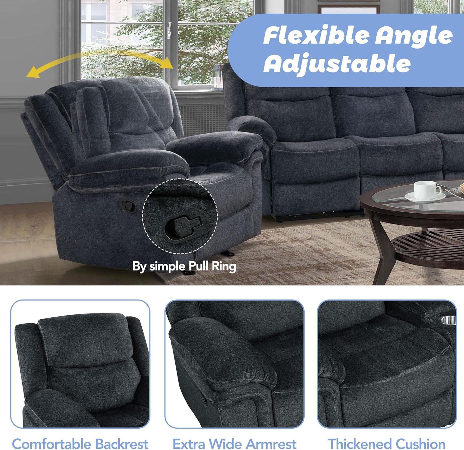 Home Theater Seating Manual Reclining Sofa with Hide-Away Storage, Cup Holders, 2 USB Ports, 2 Power Sockets for Living Room, Bedroom, Dark Blue