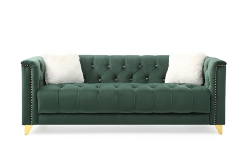 81" Chesterfield Sofa, Deep Button Tufted Upholstered Accent Sofa with Square Arm and Gold Legs, Large Sofa Couch with 2 Pillows and Nailhead Trim for Living Room Apartment Office, Green