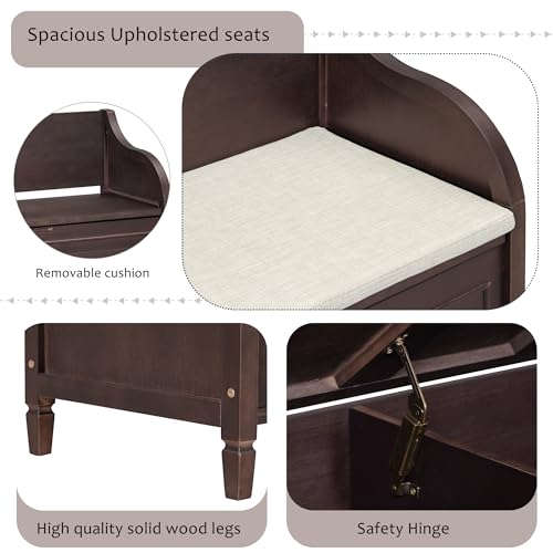 P PURLOVE 42 Inch Rustic Style Storage Bench with Safety Hinge,Solid Wood Entryway Multifunctional Storage Bench Shoe Bench with Removable Cushion for Living Room,Bedroom