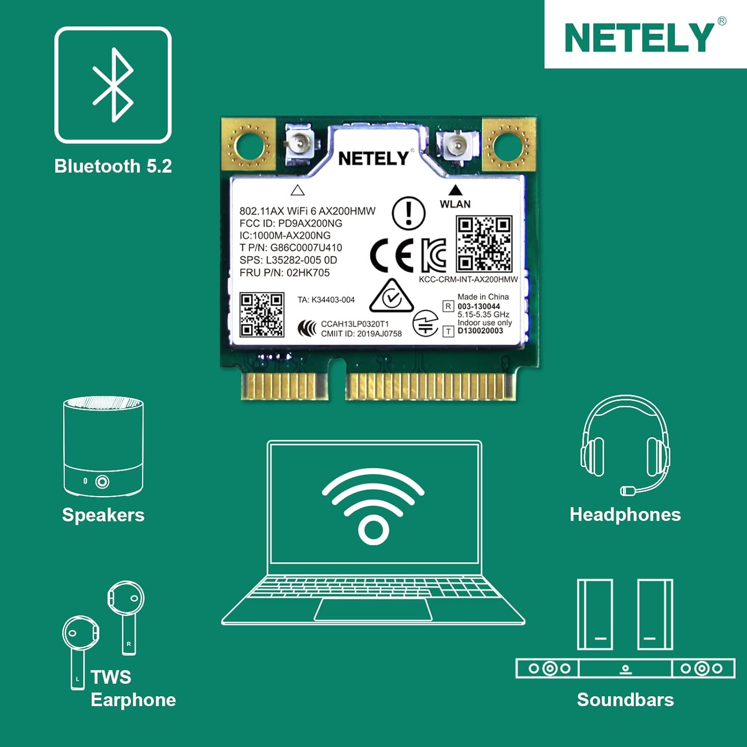 NETELY 802.11AX WiFi 6 AX200HMW Mini-PCIE Interface WiFi Bluetooth Adapter-WiFi 6 3000Mbps (2.4GHz 574Mbps & 5GHz 2400Mbps) Network Card with Bluetooth 5.2 (WiFi 6 AX200HMW) Pack of 2