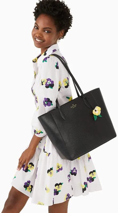 Kate Spade NY Dana Top Zip Shoudler Tote Bag Saffiano Leather Black Pansy Charm