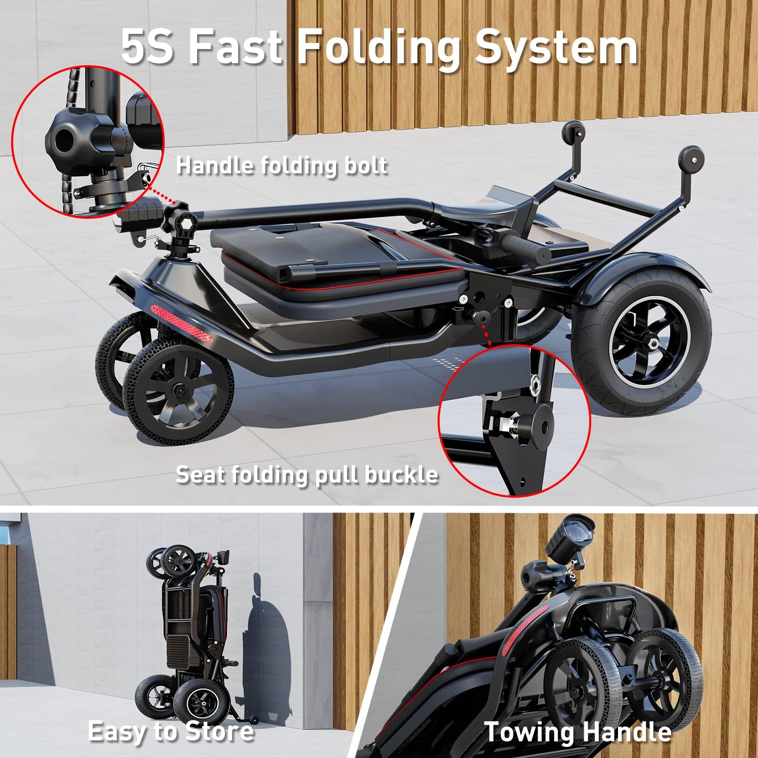 Mobility Scooter for Seniors, 3-Speed Electric Mobile Wheelchair, 4 Wheels Foldable Lightweight Electric Scooter for City Commutes, Tomofree DB008 Black