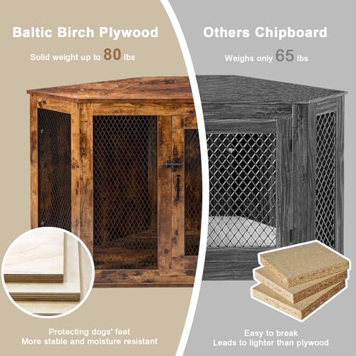 VITESSE Corner Dog Crate Furniture, 44/52inch Durable Wooden Dog Kennel End Table, Indoor Decorative Puppy Kennel with Metal Mesh, Heavy-Duty Pet House for Large Dogs with Portable Switch, TV Stand