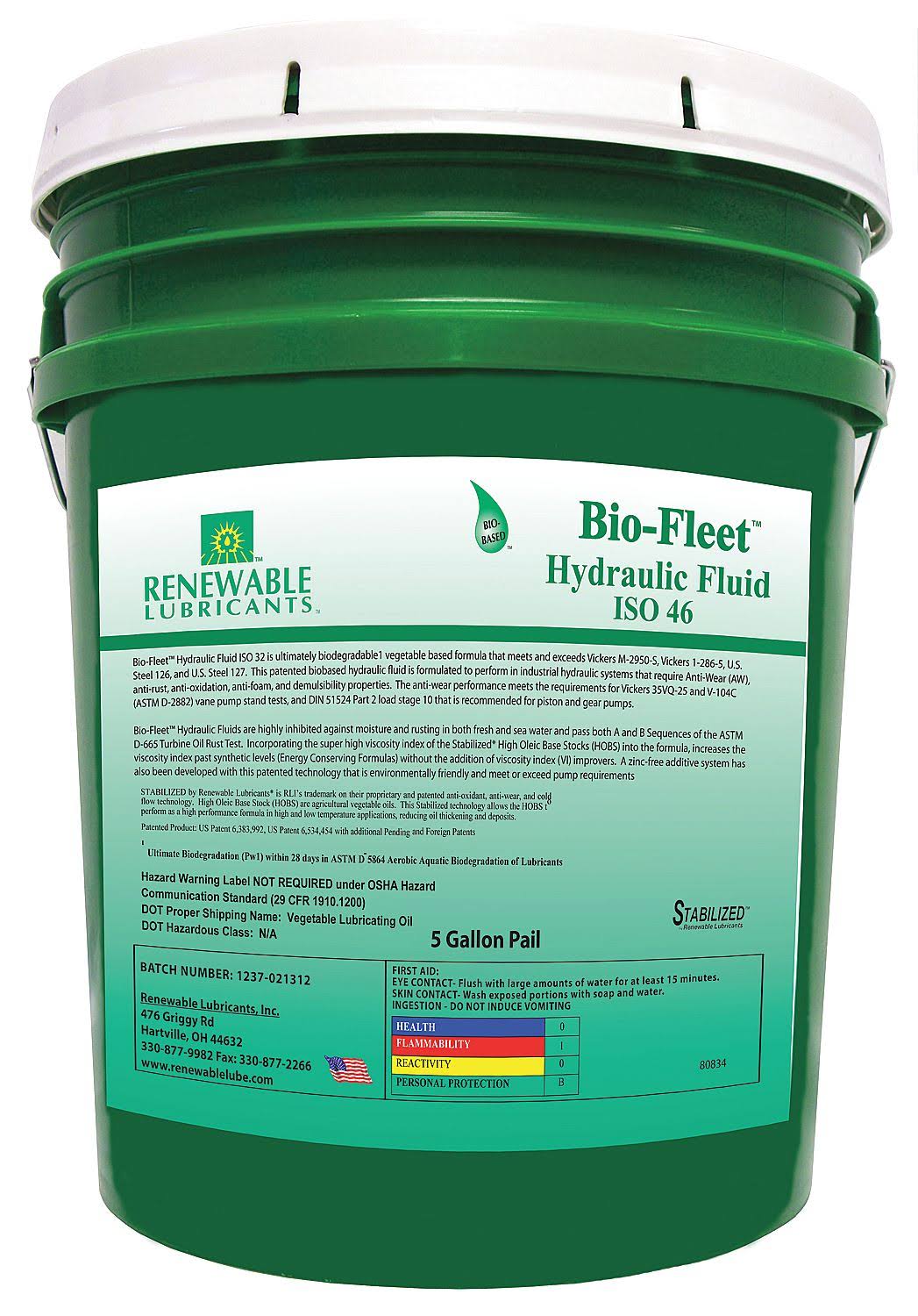 Renewable Lubricants 80834 Biodegradable Hydraulic Oil,5 Gal,iso 46