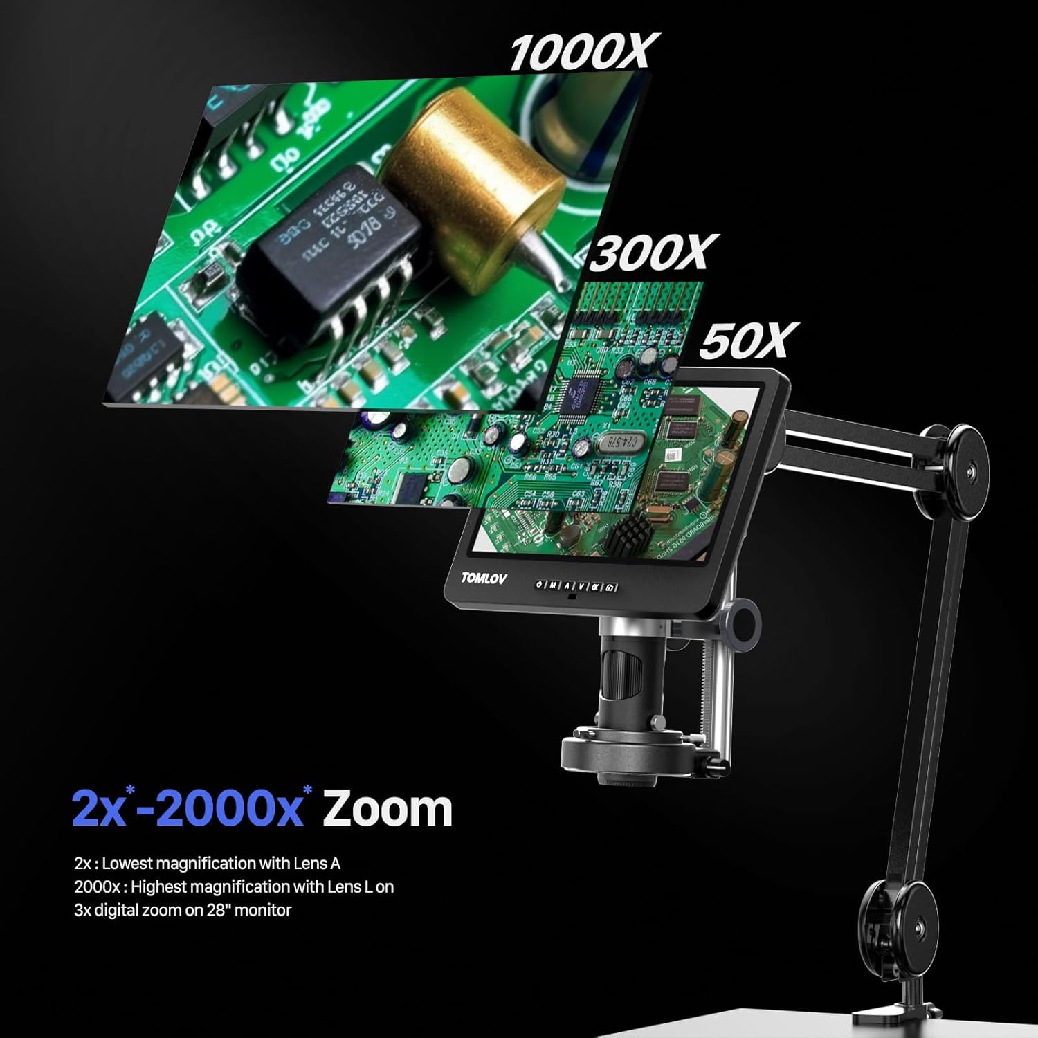 TOMLOV DM602 Flex Digital Soldering Microscope 2000x, Flexible Arm, 10.1" HDMI Microscope with 3 Lens, Coin Microscope with Ring Light, Adults LCD Video Microscope, Electronic Repair Mat Included,64GB