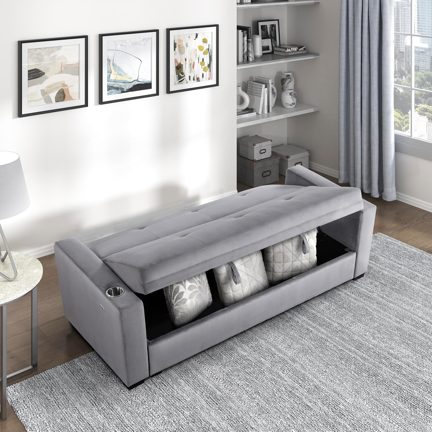Lexicon Futon Sofa Bed, 83.5" Couch, Sleeper Sofa, Velvet Futon with Storage, Armrest, Two Cup Holders and USB Ports, Sofa Cama, Couches for Living Room and Bedroom, Grey