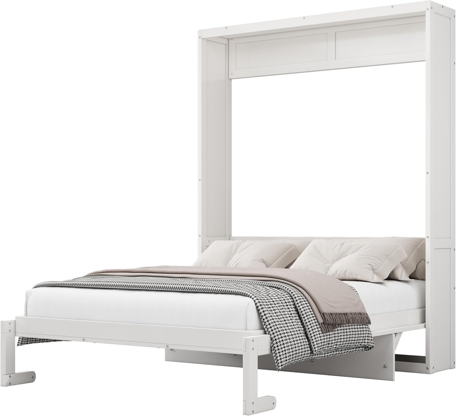 Murphy Bed Frame Full Size, Wall Beds with A Storage Shelf, Wood Folding Cabinet Bed with Desk for Home Office Studio, White