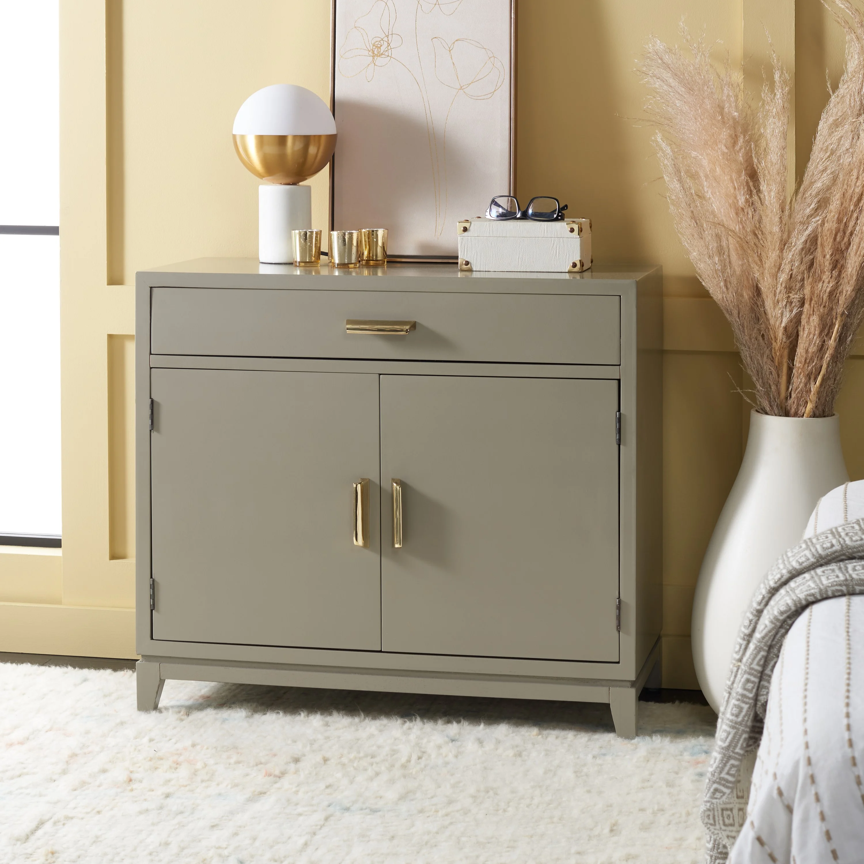 SAFAVIEH Nigel Mid-Century 2 Door 1 Drawer Chest, Grey/Brass (31.9 in. W x 15.9 in. D x 29 in. H)